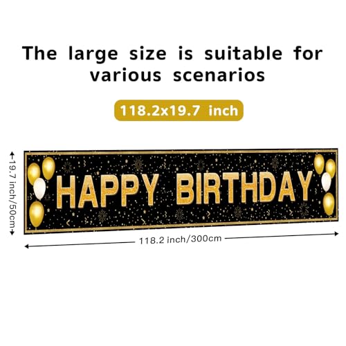 Happy Birthday Banner - 118"x20" Waterproof, Windproof & Tear-Resistant Polyester Sign for Men, Women, Boys & Girls, Black...