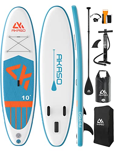 AKASO Inflatable Stand-Up Paddleboard, Yoga SUP with Backpack, Non-Slip Deck, Waterproof Bag, Leash, Floating Paddle and H...