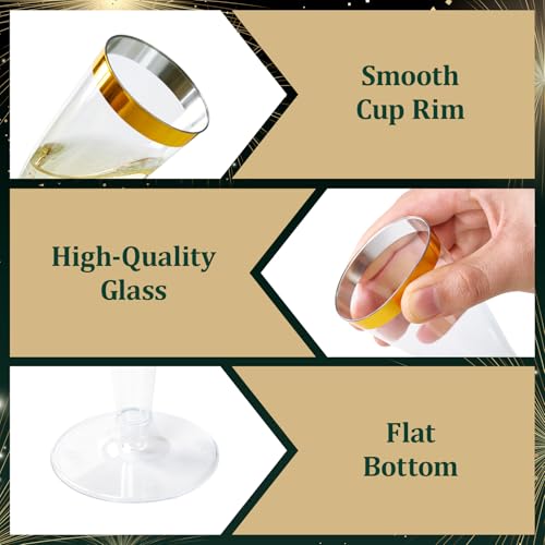 FOCUSLINE 100 Pack Plastic Champagne Flutes, 4.5 Oz Gold Rim Plastic Champagne Glasses, Disposable Clear Toasting Glasses ...