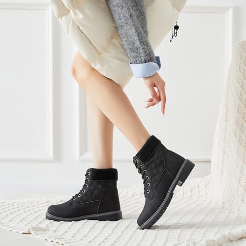 kufeiti Waterproof Ankle Boots for Women Non Slip Black Combat Boots Fall Winter Snow Lace Up Hiking Booties