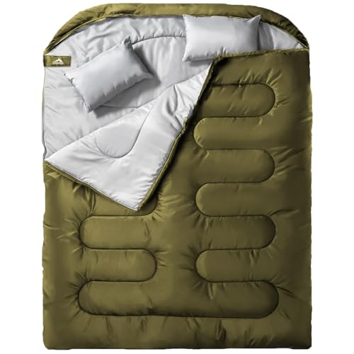 MEREZA Double Sleeping Bag for Adults Mens with Pillow, XL Queen Size Two Person Sleeping Bag for All Season Camping Hikin...