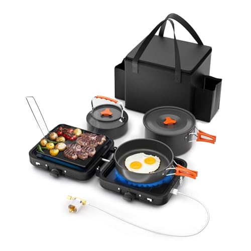 Hisencn Camping Stove,2 Burner Propane Stove,20000 BTU/h Camping Cooking set Includes Frying Pan,Kettle and Pot,Adjustable...