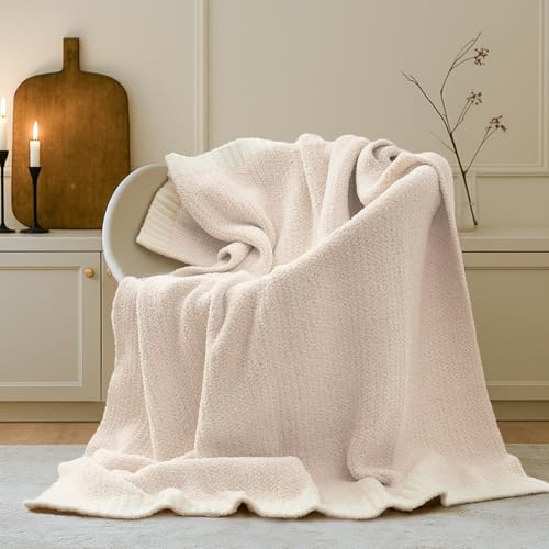 Snuggle Sac Buttery Ivory Throw Blanket for Couch, Reversible Super Soft Knitted Blankets, Warm Cozy Knit Fuzzy Plush Ligh...