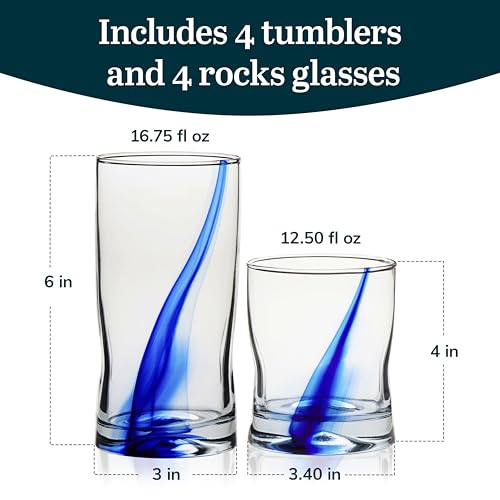 Libbey Blue Ribbon Tumbler and Rocks Drinking Glass Set of 8, Artisanal, Four-Dimpled Glass Cups Set, Clear Glassware Drin...