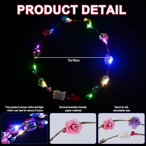 QSJQllo 20 Pcs LED Flower Crowns Headbands,Light Up Headbands For Women,Glow In The Dark Headband Wreath,Suitable For Birt...