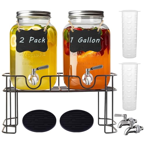 Galssmagic 1 Gallon Glass Drink Dispenser with Stand,2 Pack Glass Beverage Dispenser with Stainless Steel Spigot,Water Lem...