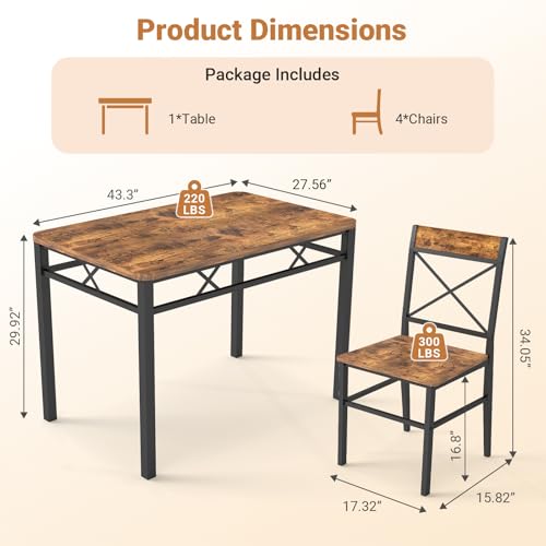 Zevemomo 5-Piece Dining Table Set, Dining Table Set for 4, Small Kitchen Table Set for 4, Wood Dining Room Table, with 4 Curved Backrest Chairs, Compact Dining Set for Small Spaces & Kitchen-Brown