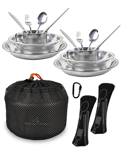 Stainless Steel Camping Mess Kit - Person's Complete Picnic & Camp Dish Set, Includes Plate, Bowl, Cup & Utensils