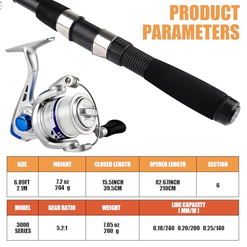 Telescopic Fishing Rod Reel Kit 2pcs 6.89FT Collapsible Spinning Pole Reel Combo Compact Fishing Lures Tackle Accessories ...