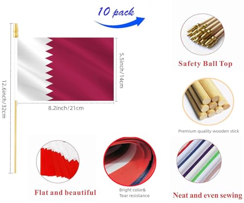 10 Pack Qatar Flags -QA Handheld Flag-Desktop Flag-5x8 In, Qatar Mini Flag. Suitable For Party Decorations, Store Display...