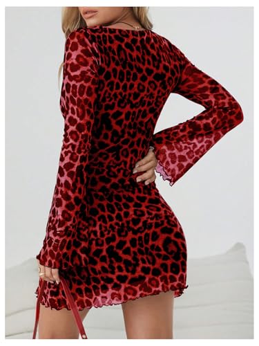 Milumia Women's Leopard Print Mini Dress Y2k Bell Long Sleeve Cheetah Short Dresses Going Out Party Clubbing Outfits