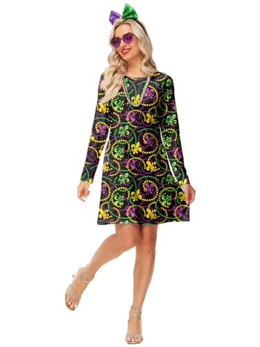 Deerose Women Vanlentine Dress Long Sleeve Mardi Gras Holiday Printed A Line Dresses with Pockets