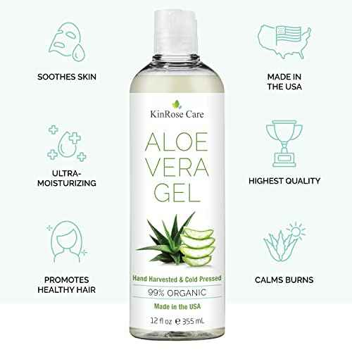 12oz Organic Aloe Vera Gel for Face, Skin, Hair & Sunburn Relief - From 100 Percent Pure Aloe Vera - Cold Pressed, Vegan, Unscented - Made in USA.