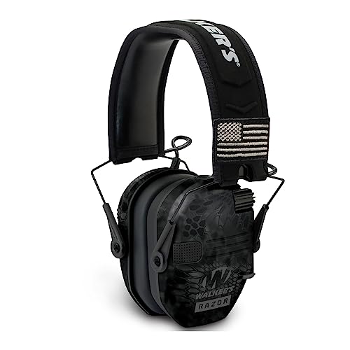 Walkers Razor Patriot Series Hi-Gain Omnidirectional Microphone Electronic Muffs (Kryptek Camo) Bundle with Walkie-Talkie Attachment, Protective Sport Glasses and Cleaning Cloth (4 Items)
