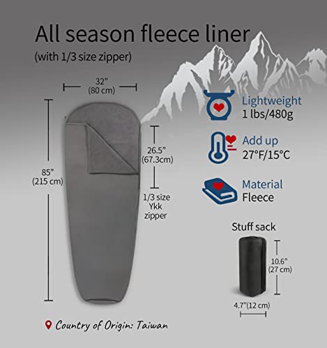 Litume All Season Fleece Sleeping Bag Liner Adds Up to 27°F/ 15°C, Lightweight Mummy Sleeping Sack for Cold Weather and Wi...