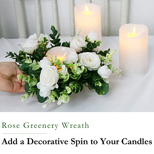 Acmee 4 Pcs White Rose Candle Rings - Artificial Floral Wreaths with Eucalyptus Leaves Greenery Garland for Pillar Candleh...