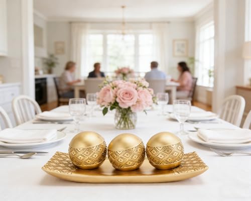 Artconal Golden Spheres Orbs Set of 3 with Tray for Centerpiece Table Decoration, Golden Accent Center Piece for Home Dini...