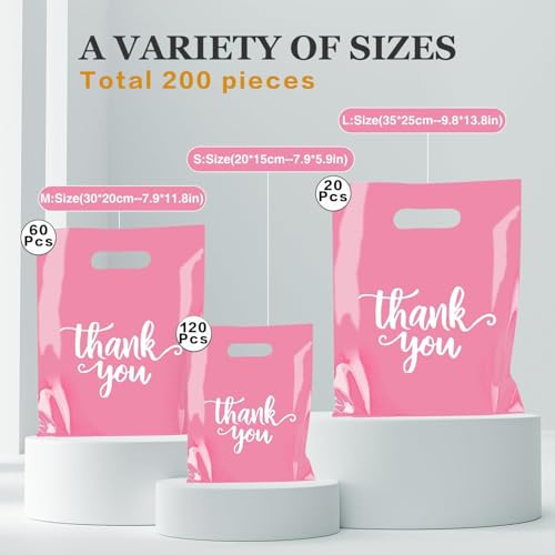 Odseciran 200PCS Reusable Thank You Bags for Business Small, Durable Plastic Bag with Handle for Store, 3 Sizes Shopping G...
