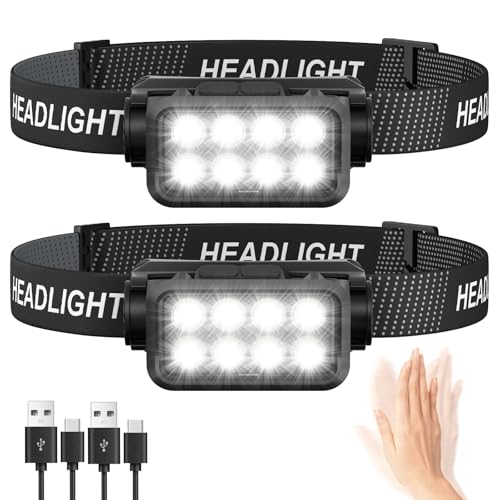 Rechargeable Headlamp Flashlight 2-Pack, 8 LED 2500 Lumen Ultra-Light Bright Headlight with Motion Sensor, Waterproof Ligh...