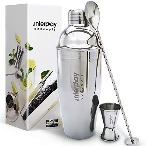 Interplay Concepts 25oz Cocktail Shaker - Large Drink Shaker for Perfect Drinks - Stainless Steel Martini Shaker with Buil...