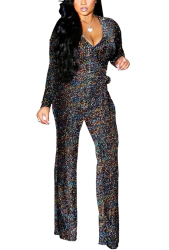 JTNFairy Sexy Sequin Jumpsuits for Women Plus Size Elegant Clubwear Sparkly High Waisted Wide Leg Pant Disco Outfits