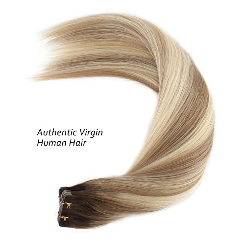 Lovrio Tape in Hair Extensions Human Hair Color Walnut Brown Roots to Light Chestnut Brown with Bleach Blonde 22 Inch 50g Real Hair Extensions Tape in Extensions 20pcs