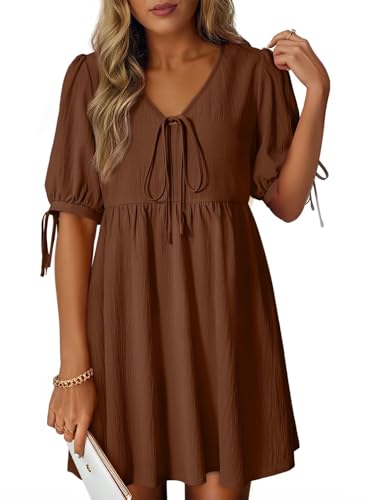 Dokotoo Summer Dresses for Women 2026 Casual V Neck Bow Tie Short Sleeve Empire Waist A-Line Mini Dress