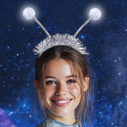DRESBE Light Up Alien Headband LED Space Headbands Glow Antenna Hair Accessories for Women (Silver)
