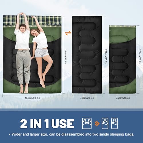 WKFAMOUT Double Sleeping Bag for Adults Machine Washable 2 Person Camping Sleeping Bag Queen Size Waterproof with Compress...