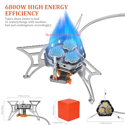 6800W Camping Backpacking Stove, Outdoor Portable Burner Cooking Stove with Fuel Canister Adapter, Piezo Ignition, Carry C...