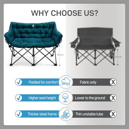 EVER ADVANCED Double Camping Chair for Adults, Padded Folding Camping Love Seat with Side Pocket Portable Camping Couch, T...