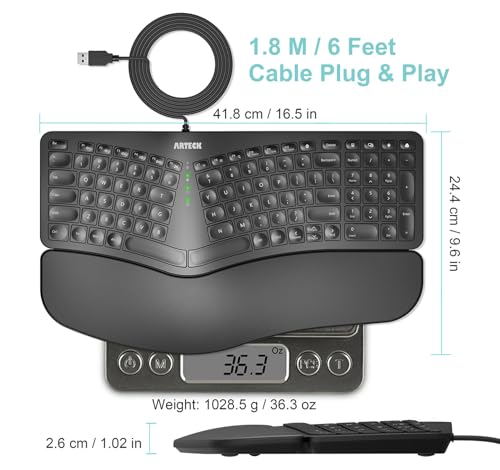 Arteck Ergonomic USB Wired Keyboard with Cushioned Wrist & Palm Rest, Backlit 7 Colors & Adjustable Brightness Comfortable...
