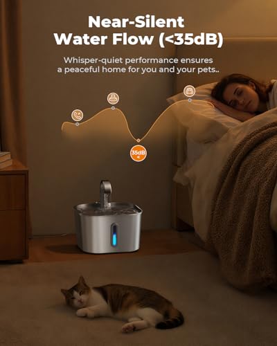 Cat Water Fountain Stainless Steel: 74oz/2.2L Cat Fountain for Drinking | Quiet Cats Water Bowl Dispenser | Pet Water Foun...