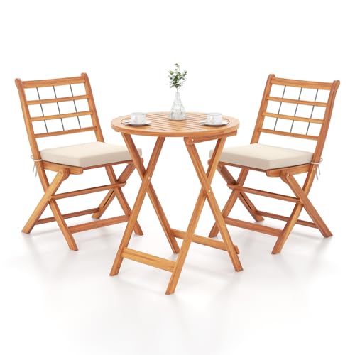 Tangkula 3 Piece Patio Wood Bistro Set, Folding Table Chair Set w/Soft Seat Cushions, Acacia Wood Frame, High-Back Portabl...