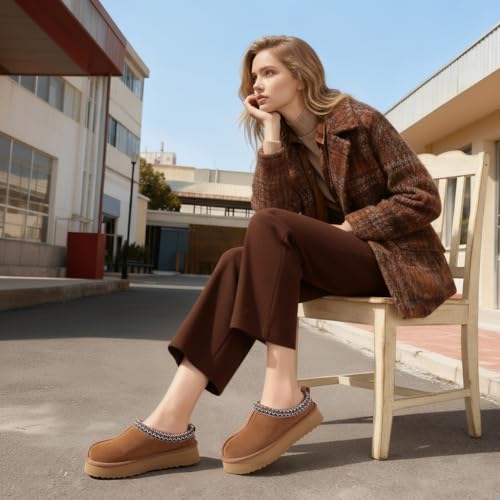KIDMI Genuine Suede Platform Slippers for Women Fuzzy Winter Warm Shoes Indoor Outdoor