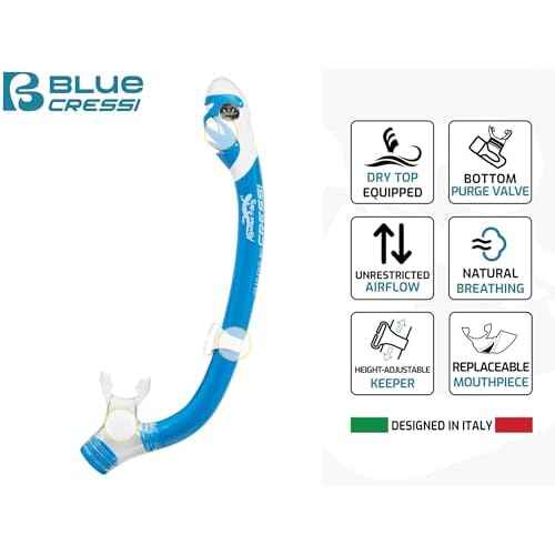 Cressi Youth Dry Snorkel - Light and Comfortable - with Splash Guard, Top Valve, and Silicone Mouthpiece - for Children Ages 5 to 15 - Iguana Dry