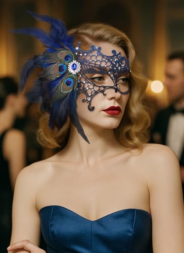 Zinniday Halloween Masquerade Masks for Women - 2026 Peacock Feather Lace Mask 1920s Venetian Eyemask for Party