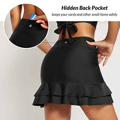 baleaf Women's High Waisted Adjustable Drawstring Ruffle Swim Skirt Bottoms Modest Tummy Control Swim Skort with Pocket Liner