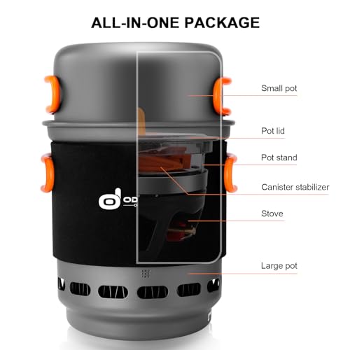 Odoland Heat Exchange Camping Pot with Backpacking Stove 7-In-1 Camping Cookware Mess Kit for Hiking, Trekking, Fishing an...