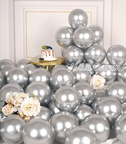 AULE Metallic Silver Balloons 5 inch 50 Pcs Silver Latex Balloons Chrome Helium Shiny Thicken Balloon Perfect Party Decora...