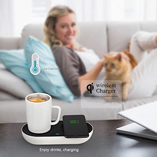 Coffee Mug Warmer Drink Cooler with Fast Wireless Charger, Warming Cooling and Charging All in 1 for Home Office Desk Use