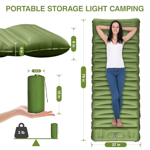 OUTTPLY Sleeping Pad for Camping, 5" Extra-Thick Camping Mat with Pillow Built-in Foot Pump, Ultralight Inflatable Sleepin...