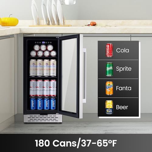 COLOZO 15 Inch Beverage Refrigerator Under Counter, 130 Cans Beverage Fridge with Tempered Glass Door & Lock, 37-65°F Beve...