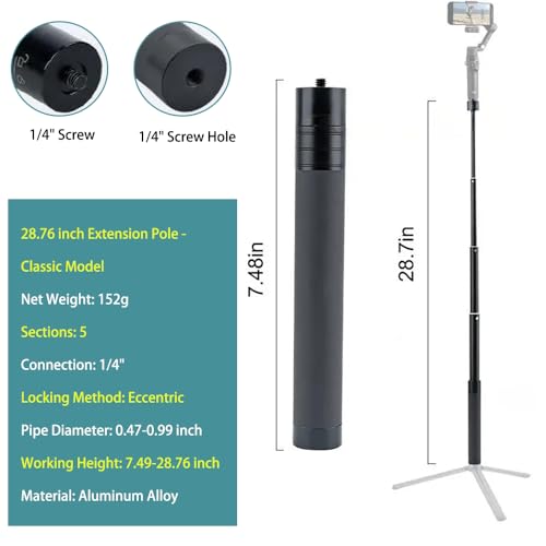 Extension Selfie Pole 7.48" (19cm) Carbon Fiber Extension Pole – Lightweight, Durable with 1/4" Thread, Compatible with Ca...