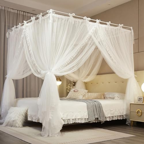 NXGIO 4 Corners Post Princess Curtain Bed Canopy Lace Up Double Layer 4 Opening Mosquito Net Mesh for Girls Bedroom Decora...