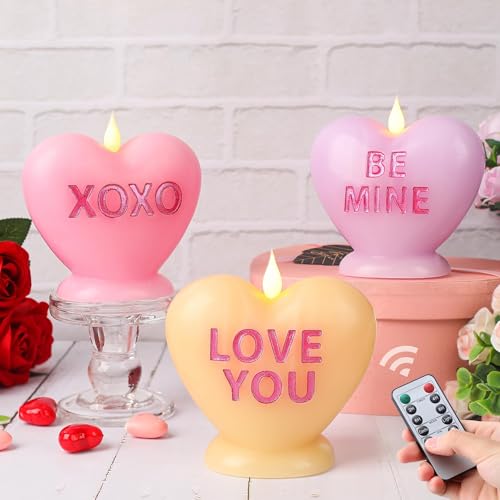 LCZLUMIPRO Valentine's Day Candles Heart Candle Flameless Candles Flickering 3 Pack Battery Operated LED Heart Shaped Candles with Realistic Warm Flame Effect Romantic Decor for Wedding Anniversary