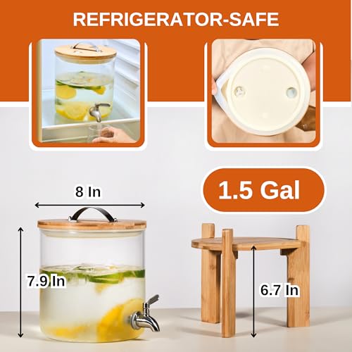 Glass Beverage Dispenser with Bamboo Stand 6.7 In and Lid, Iced 1.5 Gallon Drink Server with Spigot, Large Thick Glass Dri...