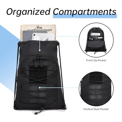 seyfocnia Drawstring Backpack Tactical String Gym Bag with Zipper Pockets, Waterproof Cinch Bag Sport Gym Backpack for Me...