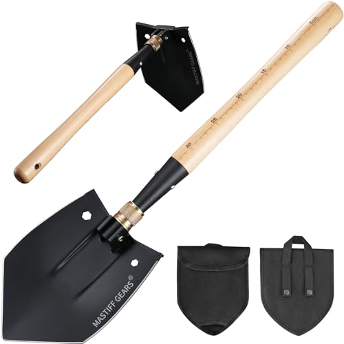 MASTIFF GEARS WWII M38 Military Style Folding Shovel - 1050 Steel, Nordic Beechwood Handle, Axe/Hammer, MOLLE Sheath for C...