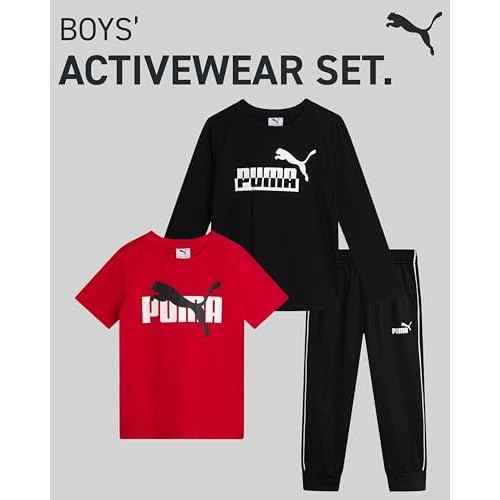 PUMA Toddler Boys Pants Set - 3 Piece Short Sleeve T-Shirt, Long Sleeve T-Shirt and Tricot Pants - Boys Activewear Set, 2T-7